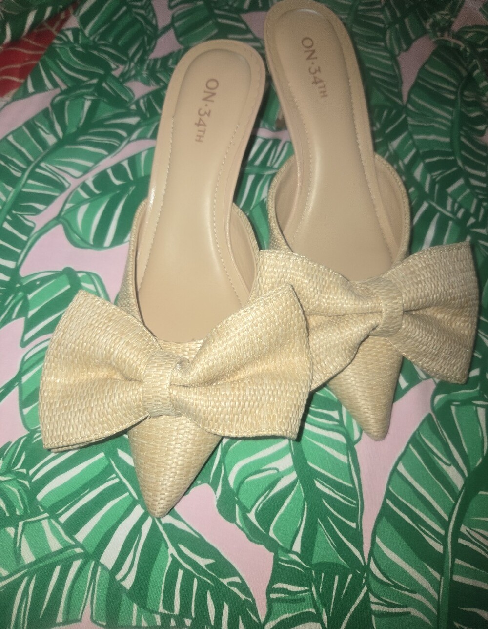 Beige Bow Pointed-Toe Slide Mules